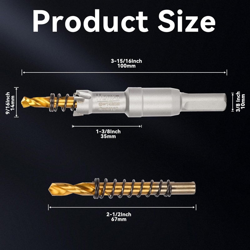 Henvo Hole Saw 9/16" (14mm) Heavy Duty Carbide with 2 Pilot Drill Bits - Metal Hole Cutter Cuts Stainless Steel, Iron, Copper, Brass, Plastic - Image 2
